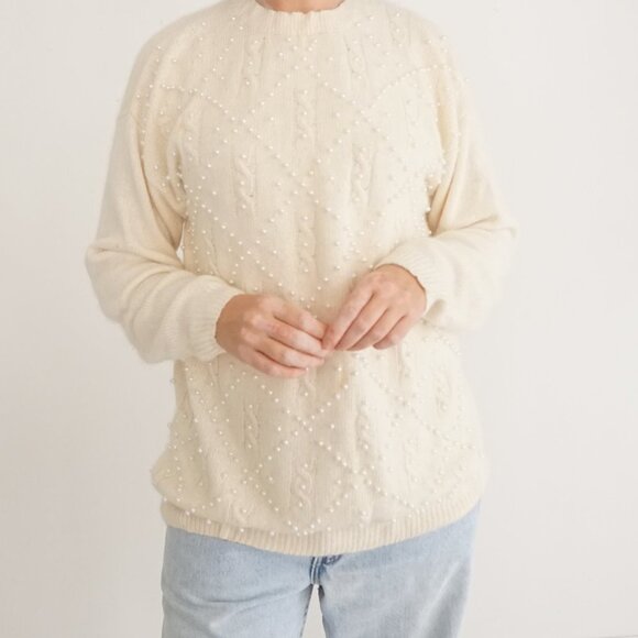 Vintage Ralsey Cream Knit w Pearls Beaded 56% Silk 10% Angora Sweater L - Picture 2 of 13
